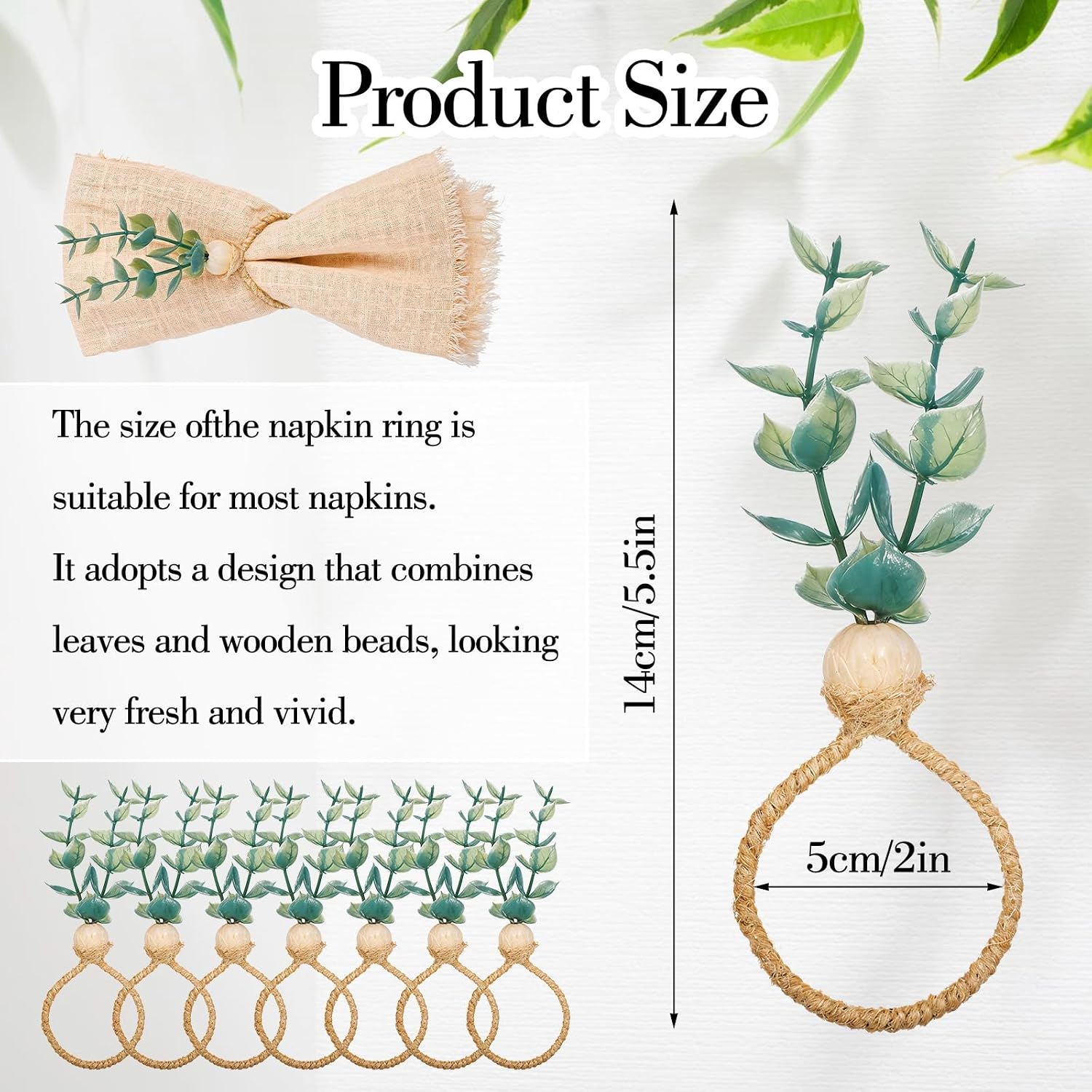 JIEYAO Set of 60 Eucalyptus Leaf Napkin Rings, Farmhouse Boho Napkin Holders Rustic Wood Bead Table Decor for Weddings Christmas Easter Party Decoration