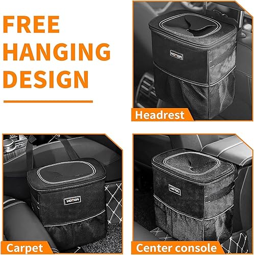 Vista 55 de HOTOR - Organizador de auto con tapa y bolsillos de almacenamiento, 100 % a prueba de fugas, resistente al agua, cubo de basura para autos, Negro