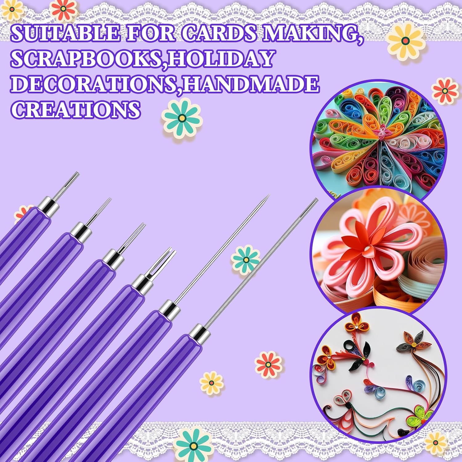 Ashmacdo 6 Pcs Paper Quilling Slotted Curling Pens Kit Assorted Sizes Quilling Needle Pen Multifunction Paper Cardmaking Project Tools Set for Art Craft DIY Paper Flowers