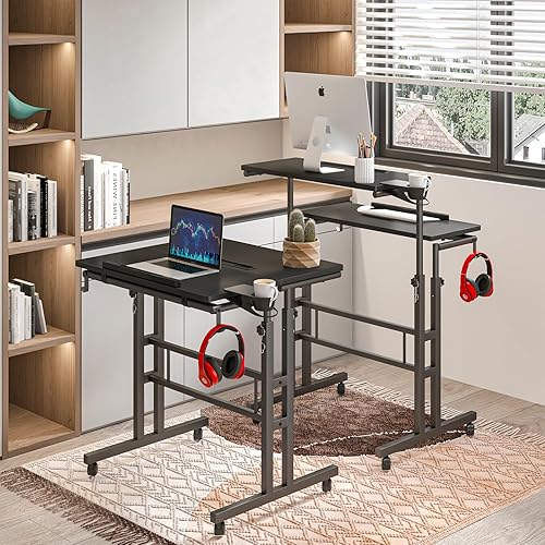Miniatura 4 de Escritorio móvil de pie, escritorio de altura ajustable con soporte para tazas, escritorio de pie sobre ruedas, escritorio rodante para oficina en
