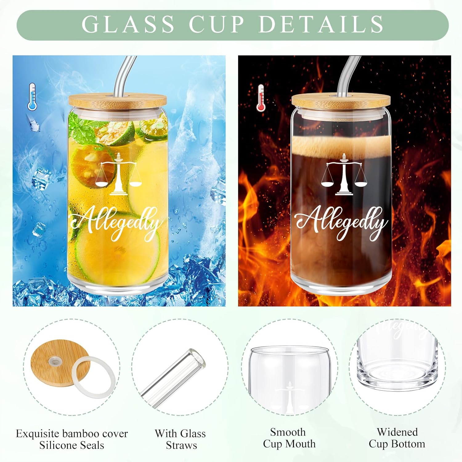 Domensi 6 Pcs Funny Lawyer Gifts Allegedly Essentials for Law School Student 16 oz Glass Cup Tumbler Makeup Bag Notepad Ballpoint for Women Valentine's Day Law Bar Study Paralegal Attorney(Green) - Image 3