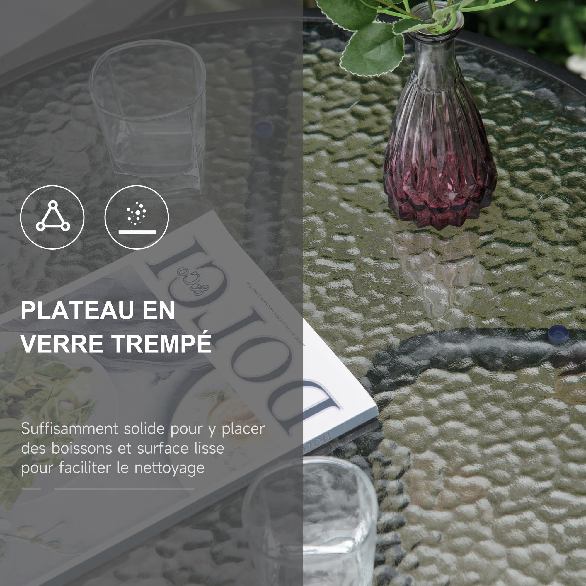 Outsunny Ensemble de Jardin 3 pièces 2 chaises inclinables Multi-Positions Pliables + Table Ronde Verre trempé métal textilène Gris