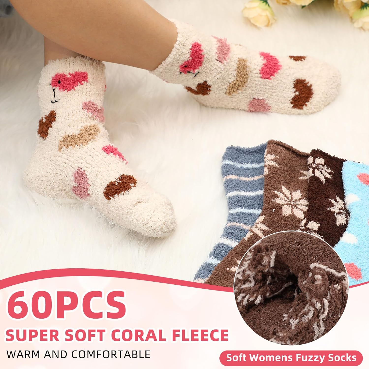 Ramede 60 Pairs Bulk Winter Warm Women Fuzzy Socks Soft Fluffy Slipper Sleeping Socks for Women Valentine's Day Christmas Home Gift - Image 2