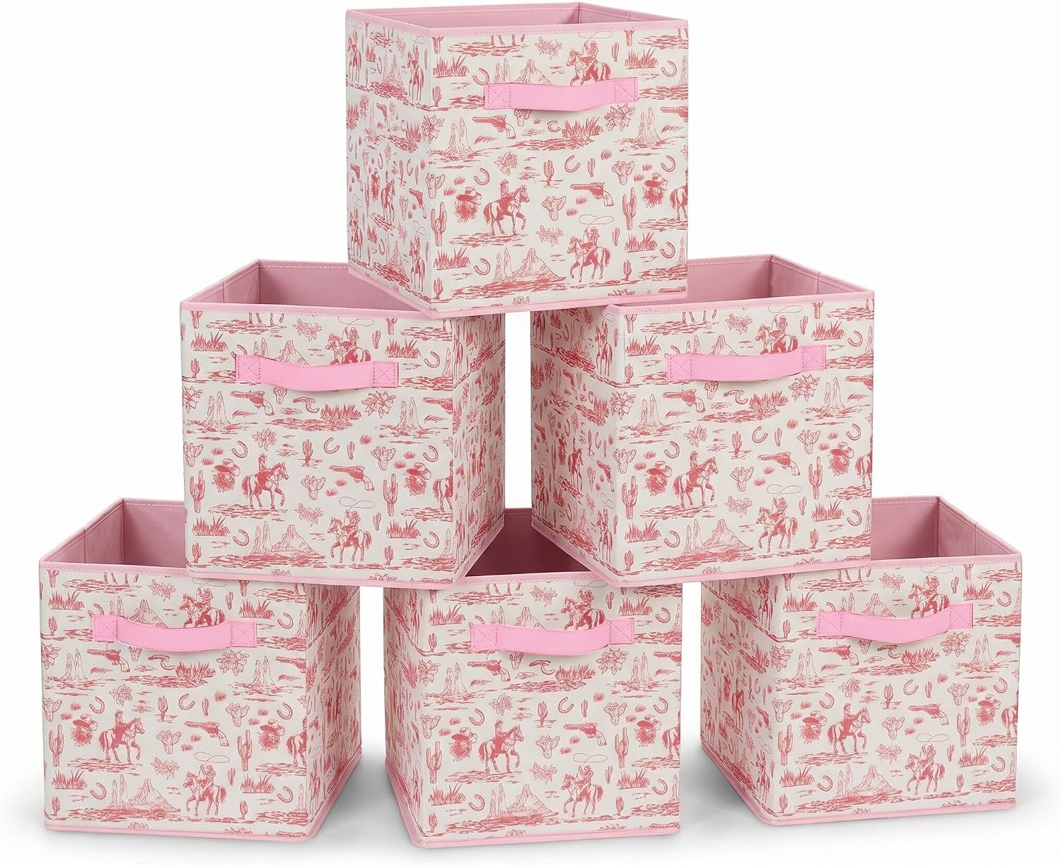 6 Pcs Pink Western Cube Storage Bins 12.5 Inch Cowgirl Storage Basket with Handle, Preppy Girls Organizer Basket, Collapsible Fabric Box for Classroom Bedrooms Office Home Decoration (Pink western)