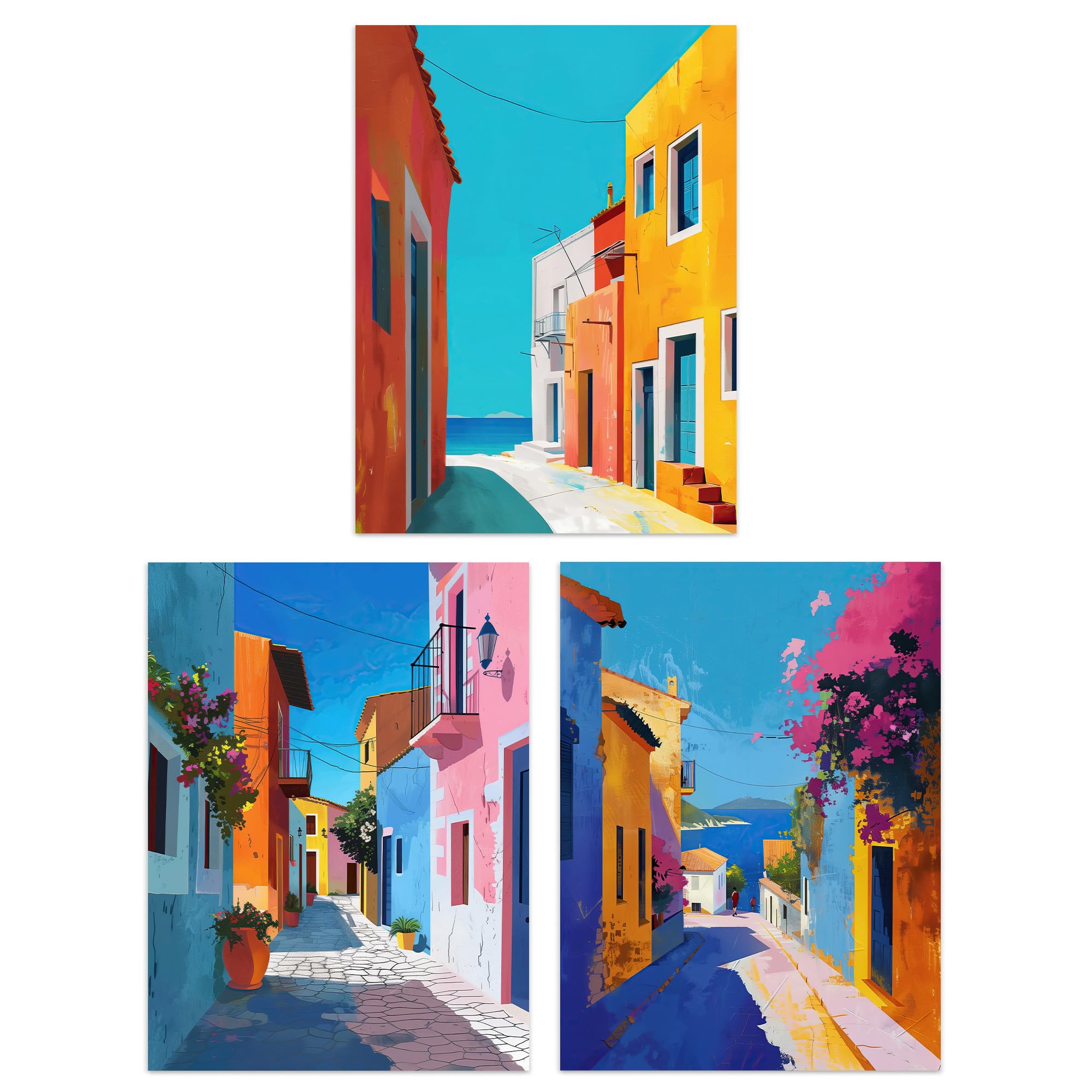 B&Q -  Wall Art Print Set Of 3 Colourful Greek Coastal Street Paintings Wall Art