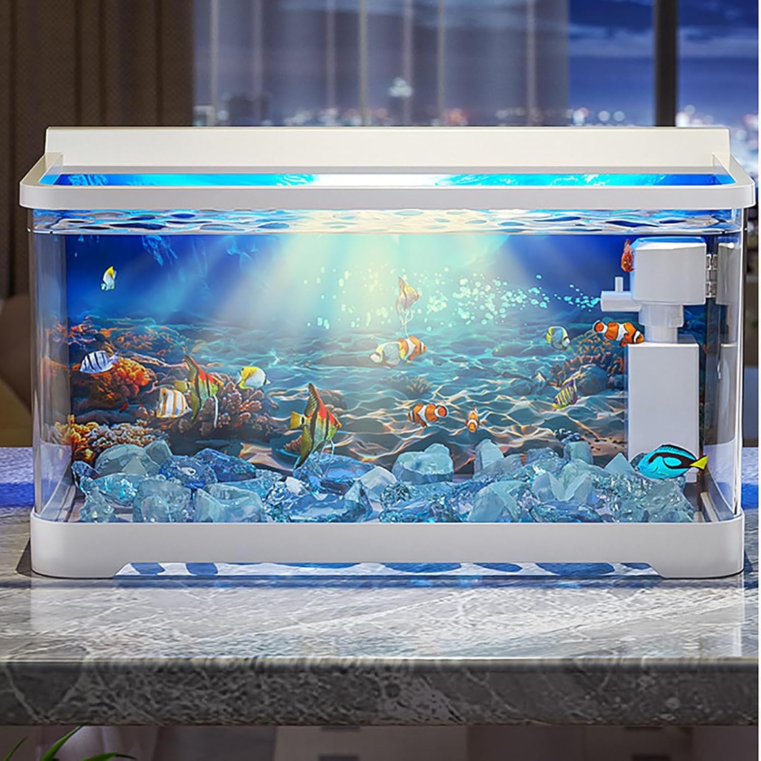 Fish Tank, Silent Water Pump,Self Cleaning System, Filtration Lighting Betta Fish Aquarium with Decor, Gravel for Betta Shrimp Guppy Jellyfish Goldfish(White)