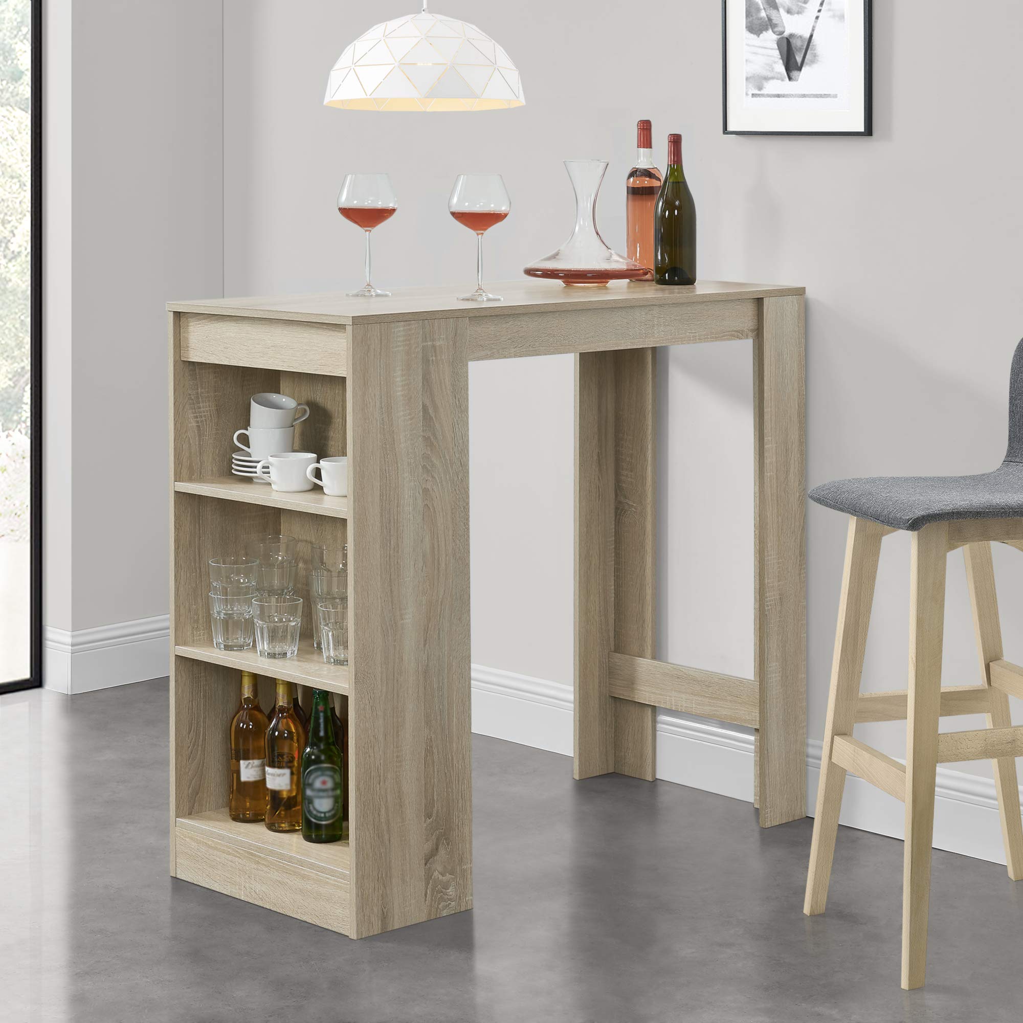 [en.casa] Bartisch Kouvola Bistrotisch Esstisch 110 x 50 x 103 cm Küchentisch Küchentheke mit 3 Fächern Stehtisch Bartheke für Esszimmer Wohnzimmer Küche Eicheoptik