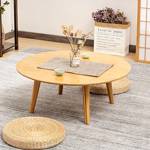 Mesa de centro redonda de bambú, mesa de estilo japonés bajo para sala de estar, mesa de centro circular de mediados de siglo, mesas auxiliares