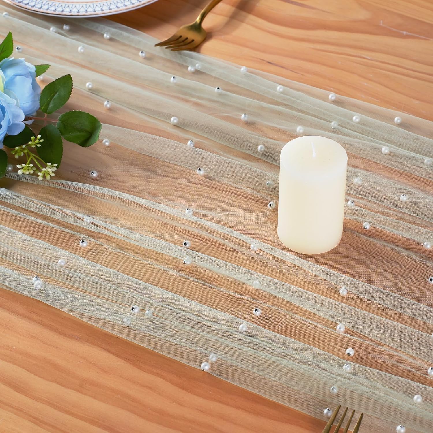 6pcs Sage Green Pearl Table Runner 120 Inch Long Boho Rustic Tulle Lace Table Runner for Baby Bridal Shower Wedding Arch for Spring Summer Pearl Table Cloth Decor