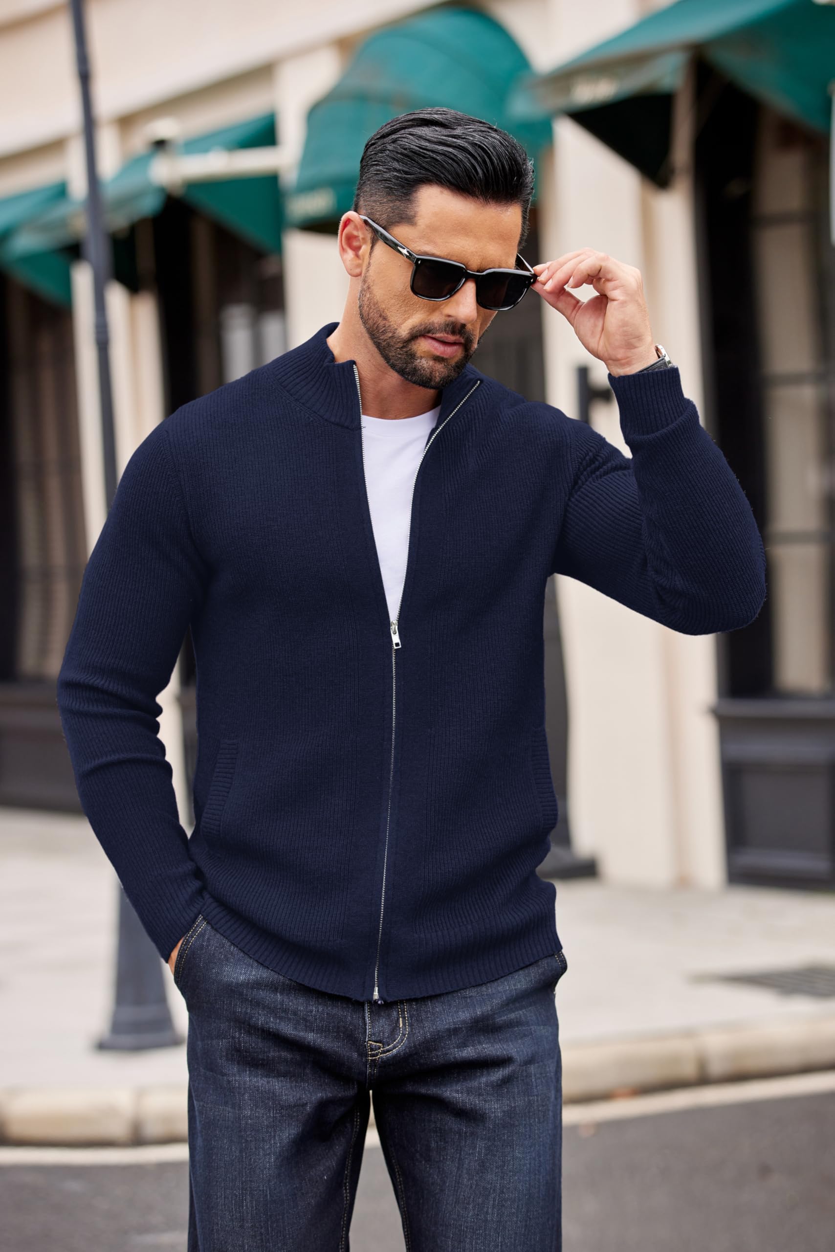 COOFANDY Cardigan à fermeture éclair pour homme - Coupe ajustée - Style décontracté - Col montant - Avec 2 poches avant