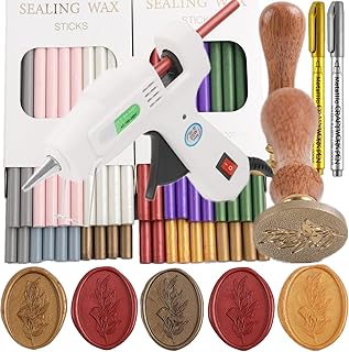 Wax Seal Kit with Sealing Waxs Gun, 40 Pcs Waxseal Sticks, 10 Color Glue Gun Waxsealsticks, Eucalyptus Waxing Seal Stamp, 2 Color Marker Pens. Great for Wedding Invitations and Christmas Gifts (C02)