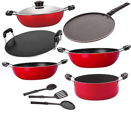 Nirlon Kitchen Accessories for Cooking Non Stick Aluminium 9 Pieces cookware Set, Red [26_KD13_KD14_DKDM_RT_Cass20_ST11_3SPN]