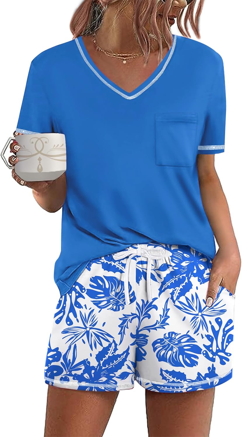 Ekouaer Women's Pajamas Sets Short Sleeve Lounge Sets Sleepwear Casual Two Piece Pjs With Pockets
