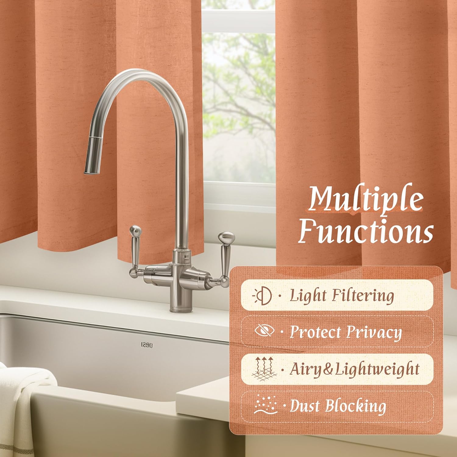 LAMIT Cafe Linen Curtains 36 Inch Length for Small Windows, Rod Pocket Light Filtering Drapes Boho Privacy Window Panels for Kitchen/Bathroom, 2 Panels, 42 x 36 Inch, Terracotta