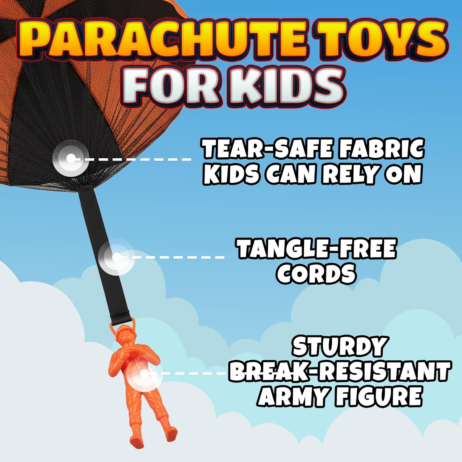 Parachute Toys for Kids - (Pack of 4) Tangle-Free Throwing Parachute Army Figures in Bright Colors - Outdoor Flying Toys for Kids Ages 4-8, Party Favors, Birthday Gifts, Boys & Girls Ages 3+
