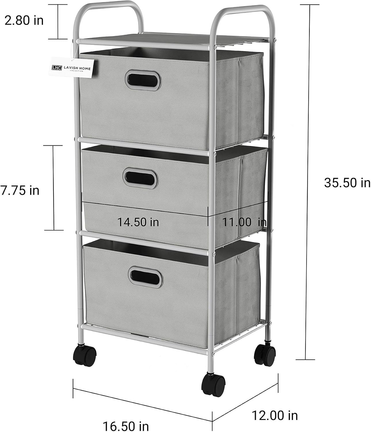 Rolling 3 Drawer Cart - Fabric Bin Storage Cart with Wheels and Metal Frame – Closet Drawers for Clothes, Home, or Office by Lavish Home (Gray)