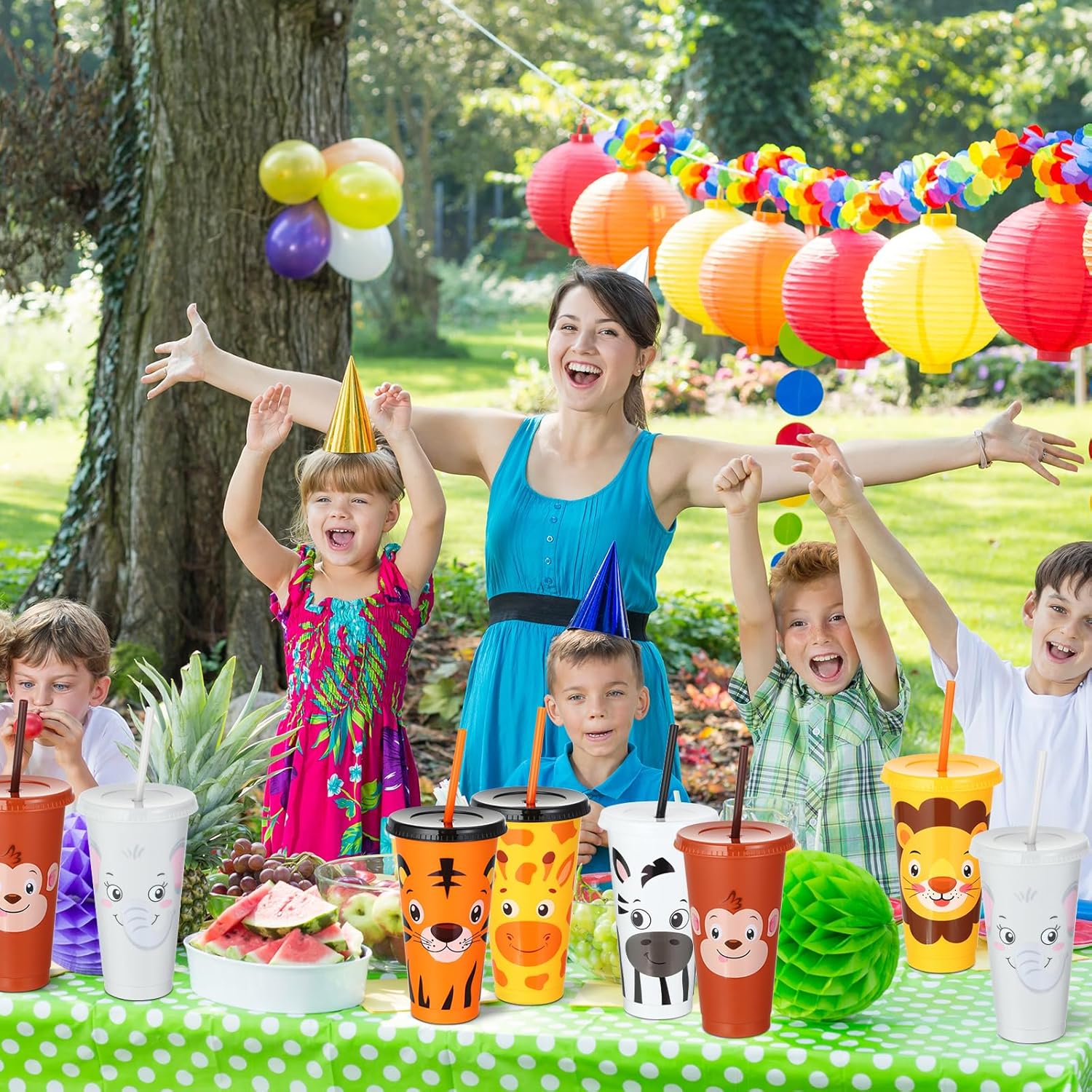 Domensi 24 Pcs Plastic Cups with Lid Straw 24 oz Reusable Tumbler Water Bottle Coffee Mug for Team Employee Students Birthday Party Favors Supplies(Jungle Animal) - Image 5