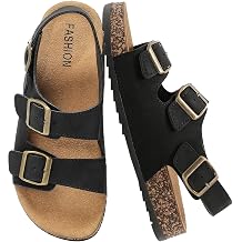 Sandals Slides for Women Men, Cork Sandals Footbed with Back Adjustable Double Buckle, Flat Beach Sandals Dressy Open Toe Mules Casual, Non Slip Summer Shoes Clogs Arch Support Vacation Footwear
