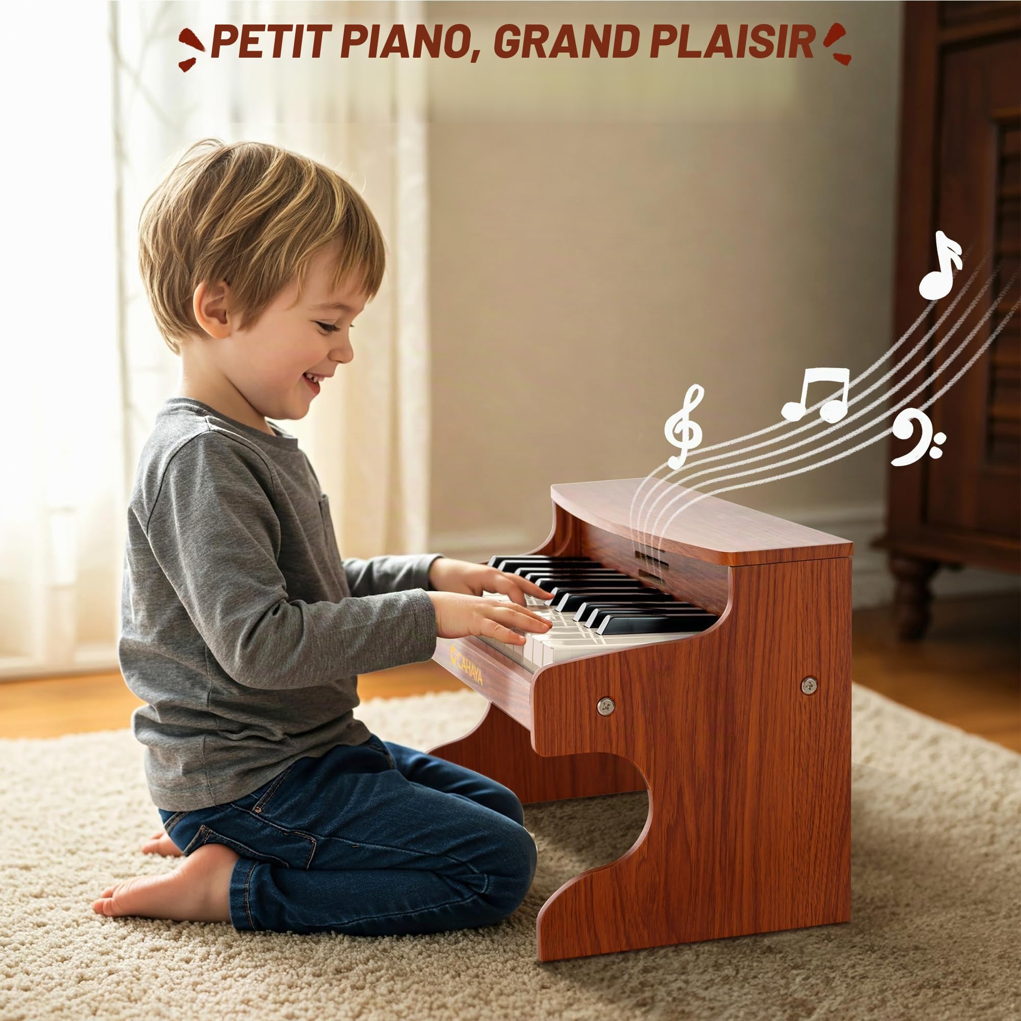 CAHAYA Piano Enfant Bois, Piano Numérique 25 Touches, dès 3 Ans | 2-en-1 bureau ou sur pieds, USB ou piles, prise micro, cadeau anniversaire Noël