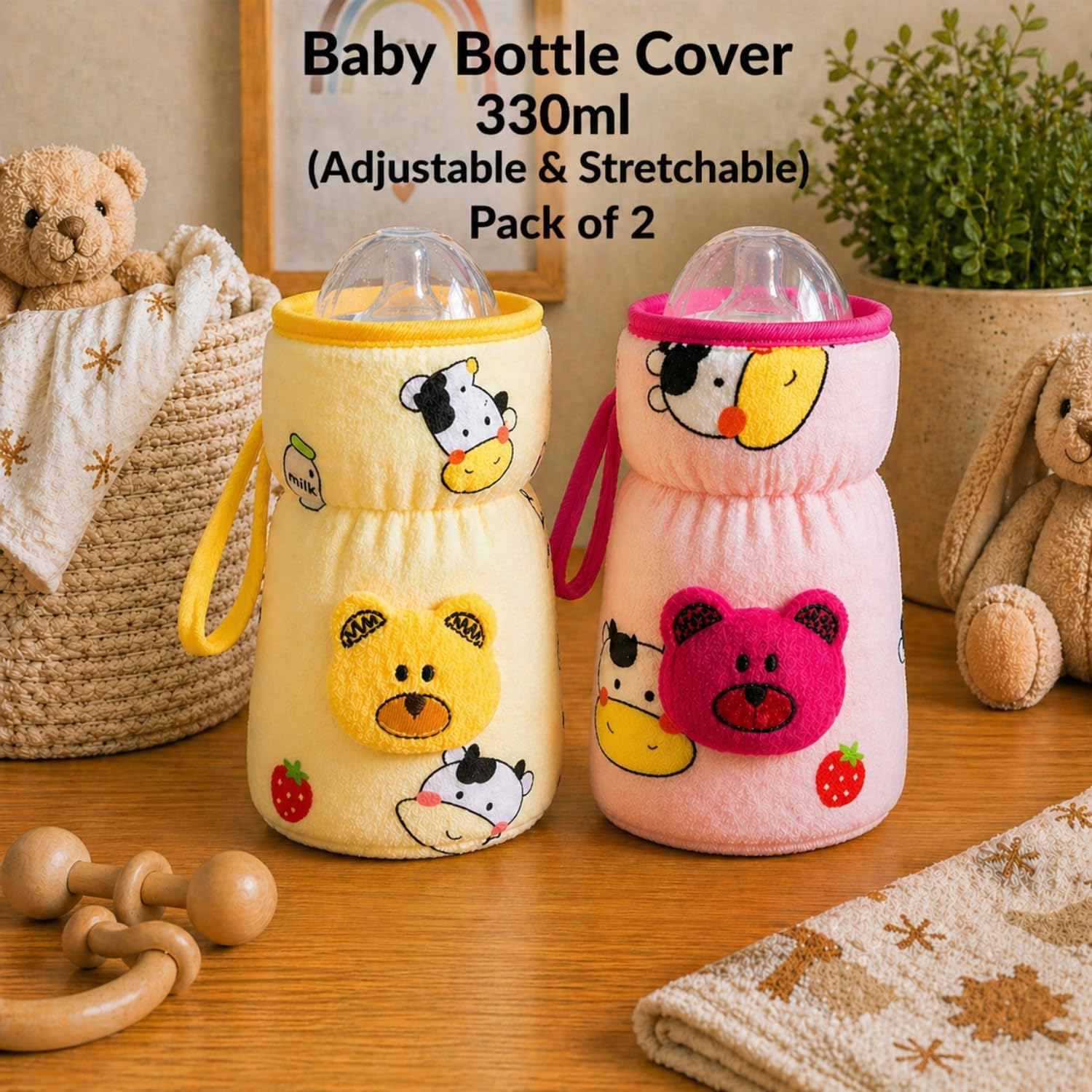THE LITTLE LOOKERS Soft Plush Stretchable Baby Feeding Bottle Cover with Easy to Hold Strap | Cute Animated Overall Print Pack of 2 (Pink & Yellow, Wide Neck 240-330ml/8-11oz) 4