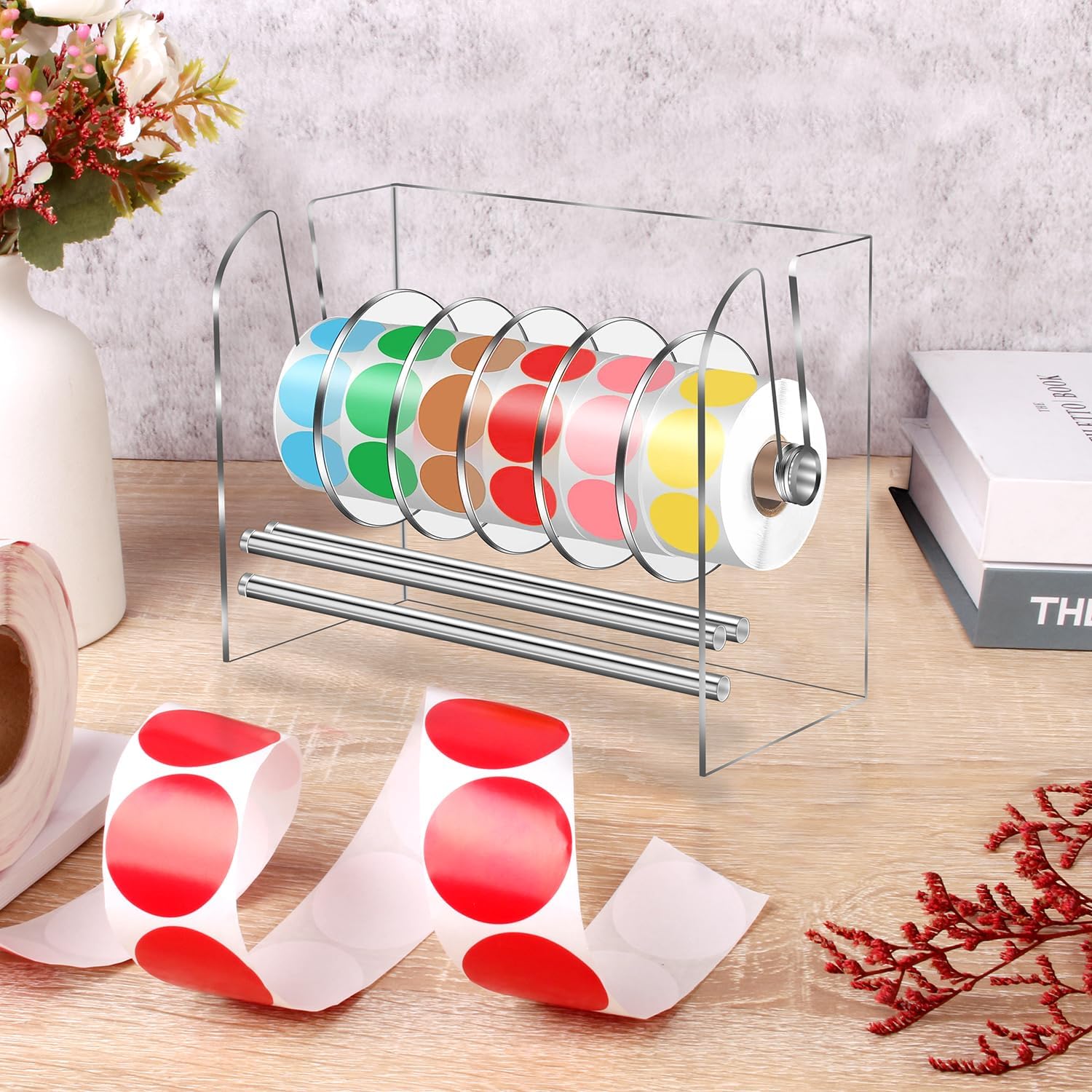 Label Dispenser, Sticker Roll Holder,Adjustable Sticker Dispenser, 6 Disks Acrylic Sticker Roll Holder Organizer, Label Stand for Holding Tape Sticker Label Office and Home