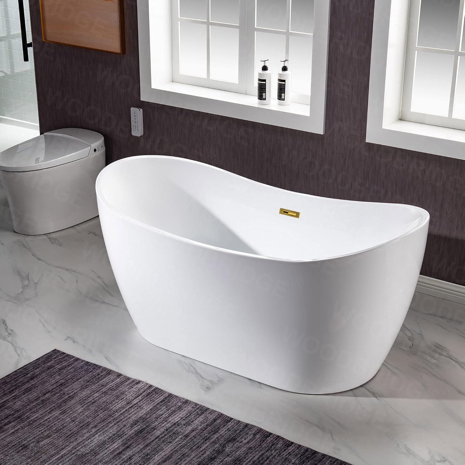 WOODBRIDGE 59" Acrylic Freestanding Bathtub Contemporary Soaking White Tub with Brushed Gold Overflow and Drain,BTA1516 BG