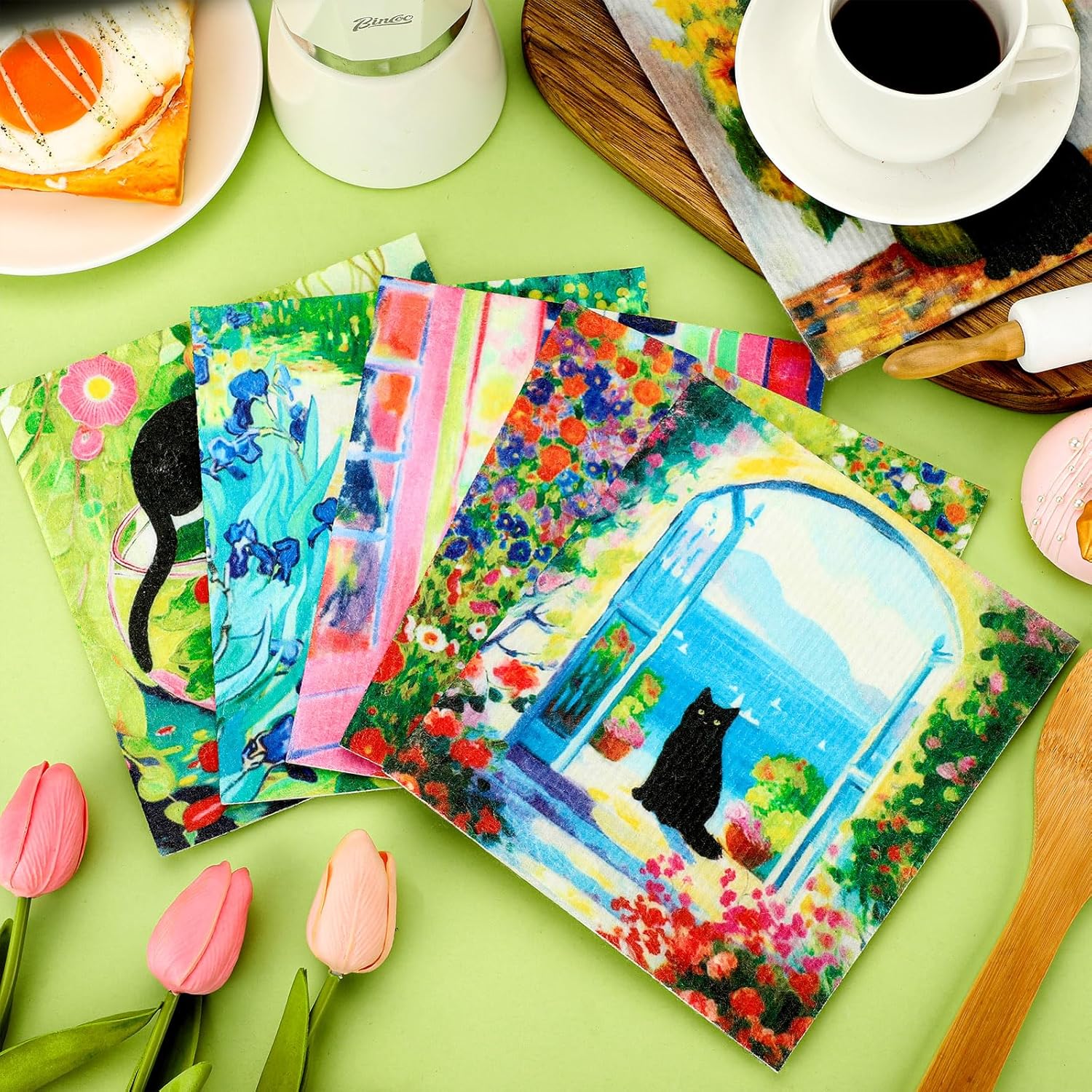 Sunnyray 12 Pcs Swedish Kitchen Dish Towels Dishcloth Reusable Sponge Cleaning Cloth Kitchen Towels Absorbent Washable Dish Cloth Drying Hand Towel(Watercolor, Cat) - Image 7