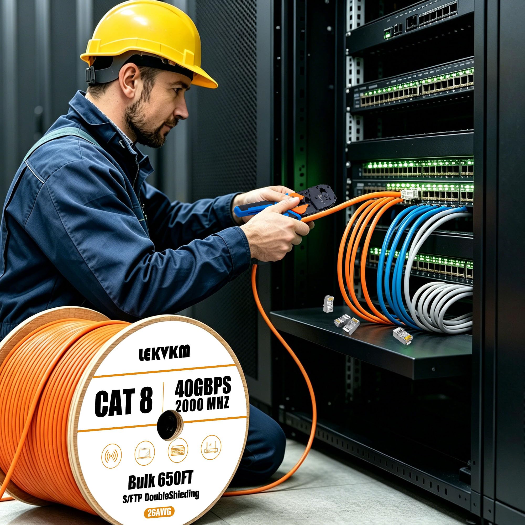 Cable Ethernet Cat8 de 650 pies S/FTP para exteriores e interiores, cable de red LAN Cat8 de alta velocidad, 40 Gbps 2000 MHz con conector RJ45 chapado en oro, resistente a la intemperie, para