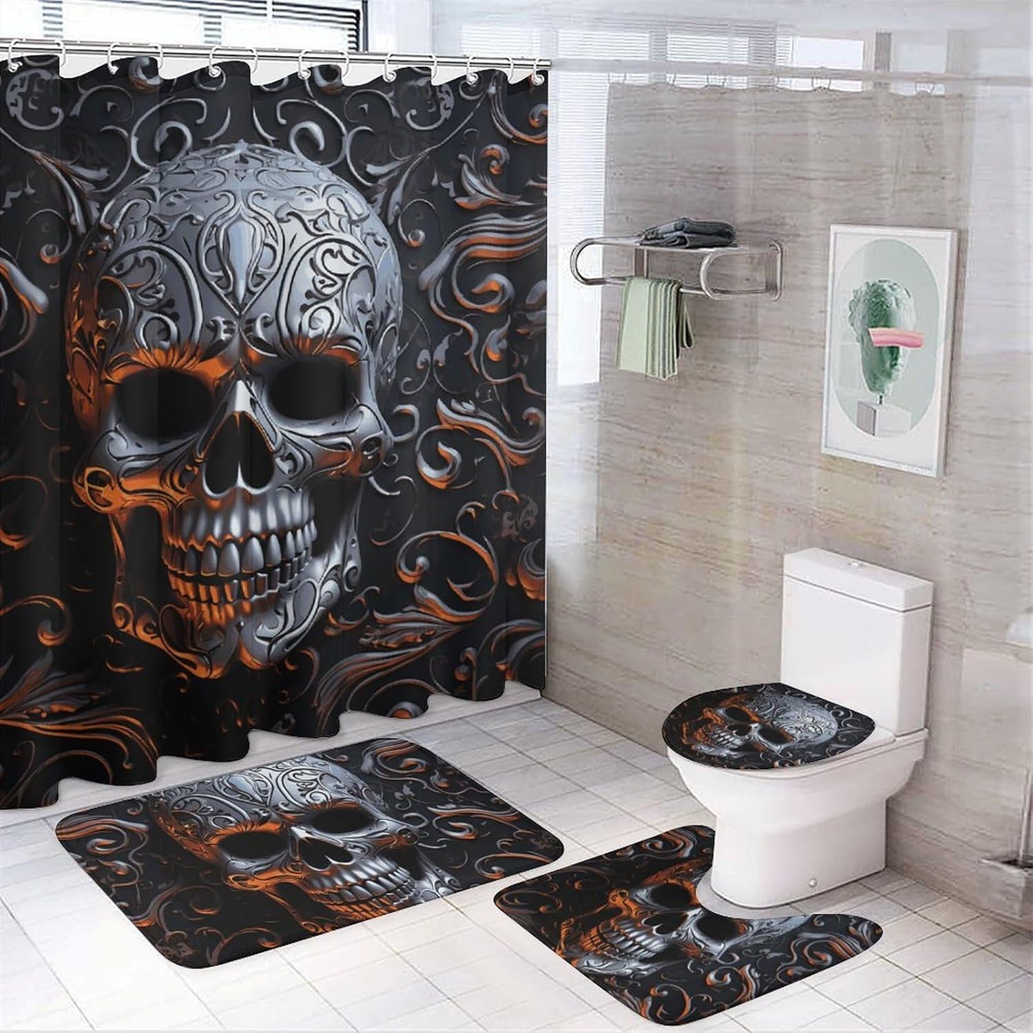 Cool Skull Graphics Shower Curtain Set 4 Piece, Non-Slip Bath Mat with Toilet Lid Cover and Waterproof Shower Curtain with 12 Hooks, Complete Bathroom Set for Home Decor