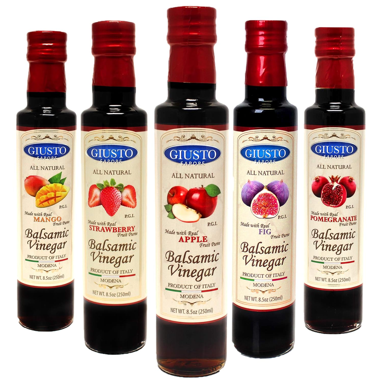 Giusto Sapore Fruit Infused Balsamic Vinegar Gift Set - Mango, Pomegranate, Strawberry, Fig, Apple - 8.5oz each - 5 Pack Gift Box
