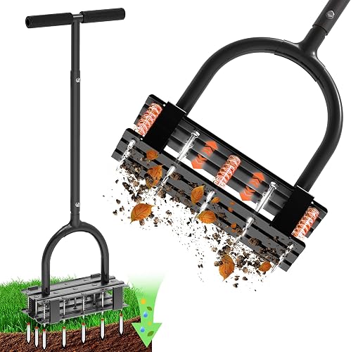 Lawn Aerator with Spring-Loaded Automatic Soil Removal Design | 2-in-1 Heavy Duty Steel Spike Aerator, Adjustable T-Handle, 15 Spikes for Yard, Lawn & Garden – Auto Dirt Eject