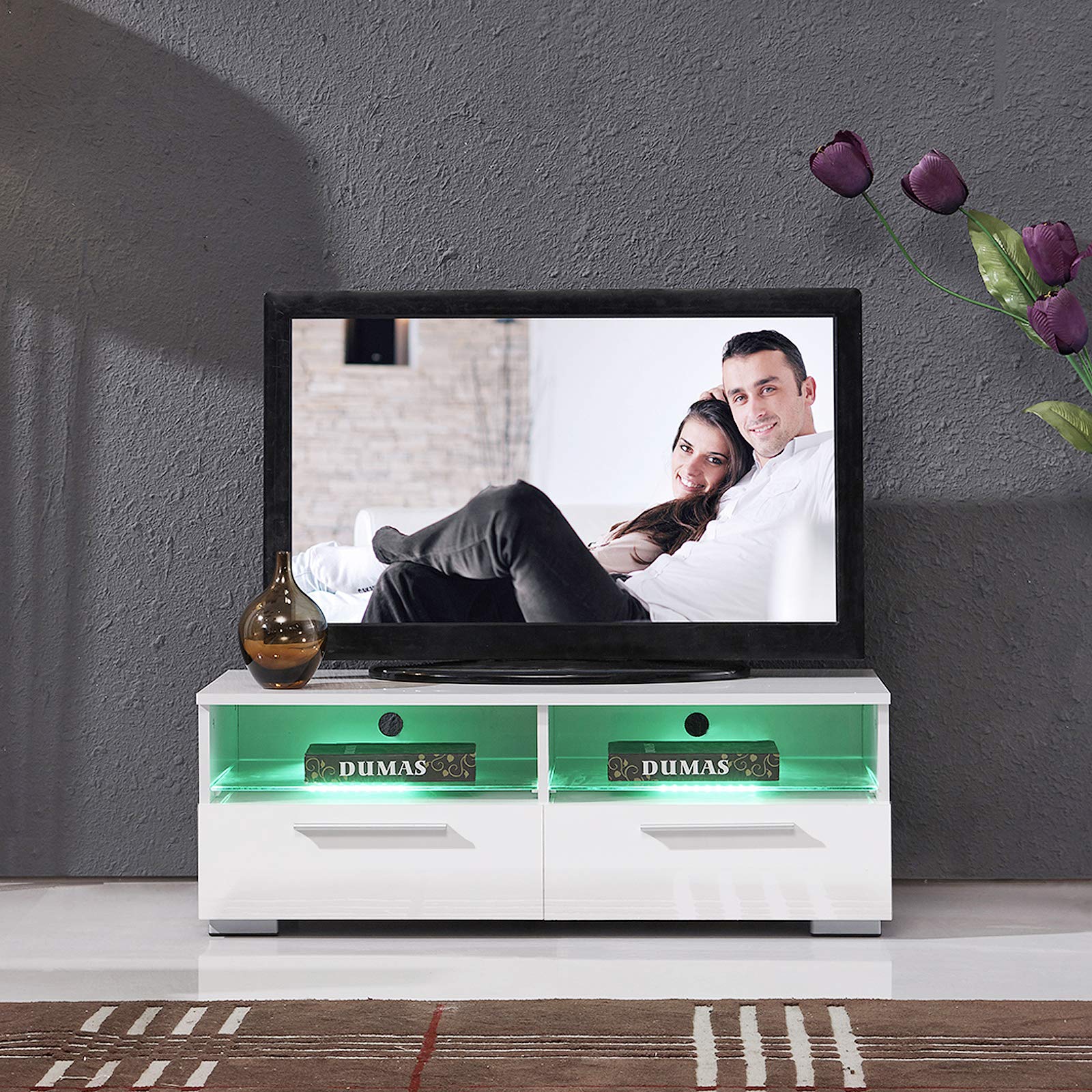 mecor High Gloss TV Stand TV Unit with LED Lights Modern White