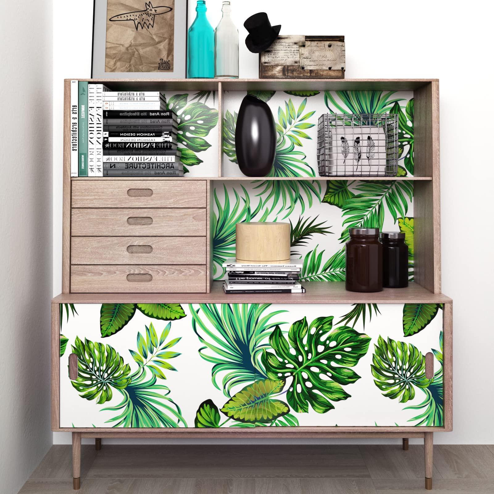 Alzkkll Zelfklevend behang, verdikt, 44,5 cm x 300 cm, tropische jungle- bladeren, waterdichte meubelfolie, wandbehang, multifunctioneel behang voor woonkamer, slaapkamer, keuken