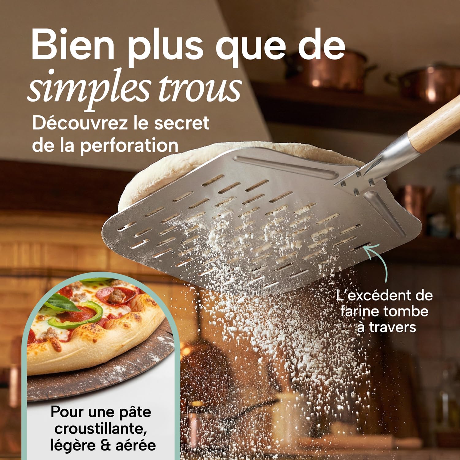 Blumtal Pelle à pizza perforée 30,5 x 30,5 cm + manche en bois 46,5 cm - Pelle à pizza perforée en aluminium antiadhésif et acier inoxydable - Pelle à pain