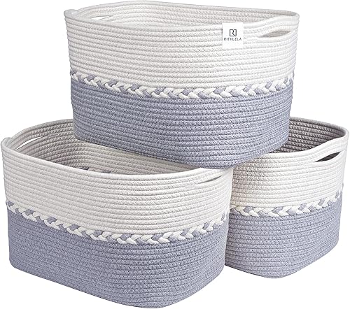 Paquete de 3 cestas tejidas de 15 x 10 x 9 pulgadas, cestas de almacenamiento de cuerda de algodón para organizar contenedores plegables decorativos