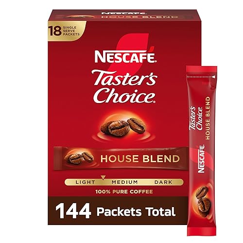 NESCAFÉ Taster's Choice, paquetes de café instantáneo, café ligero de tostado medio, mezcla de casa, 8 cajas (144 paquetes)
