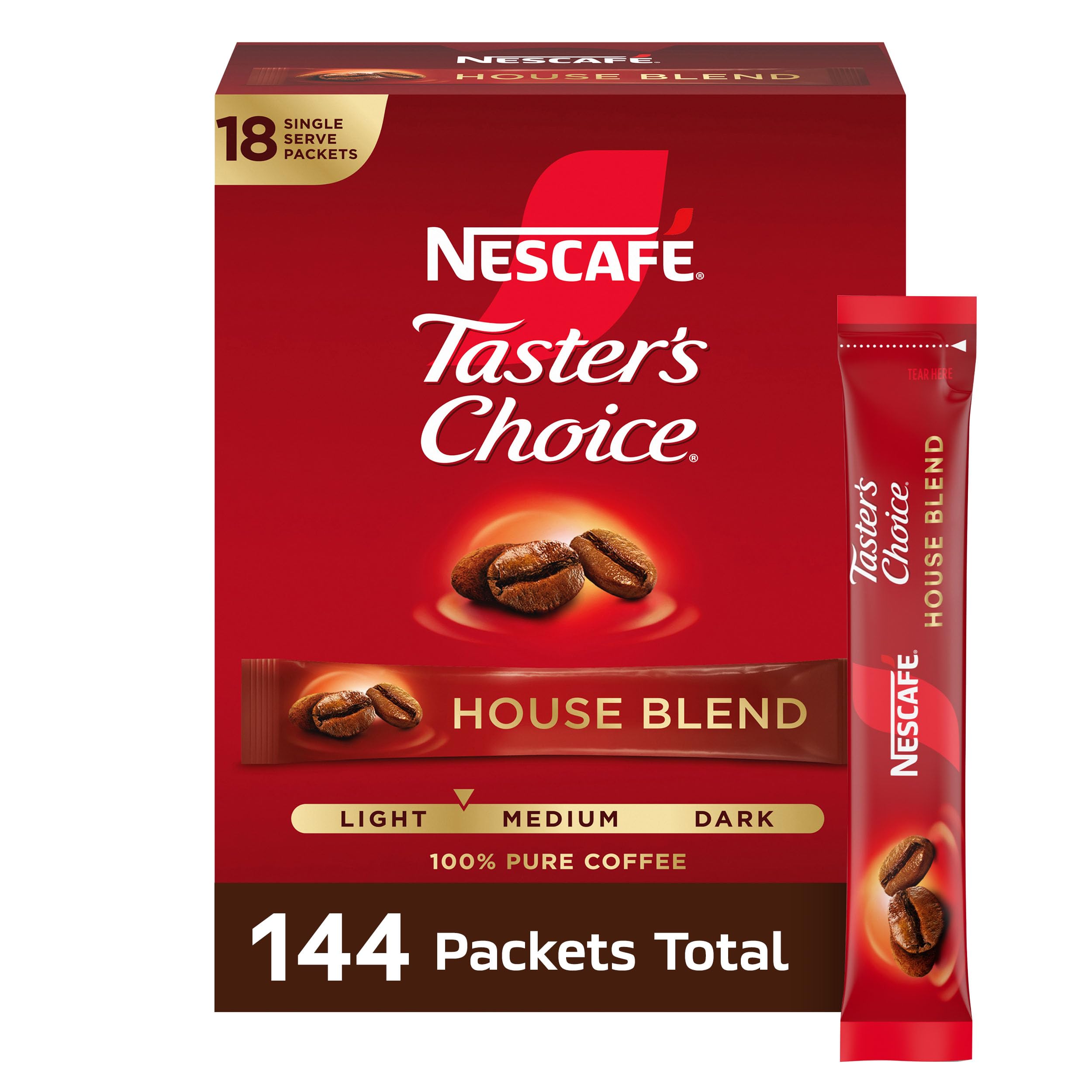 Taster's Choice NESCAFE , House Blend Light Medium Roast Instant Coffee, 8 boxes (144 Packets)