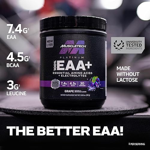 Miniatura 2 de MuscleTech Platino 100% EAA+  Aminoácidos esenciales  Fortalecimiento de fuerza muscular para hombres y mujeres  Suplemento de entrenamiento  Uva