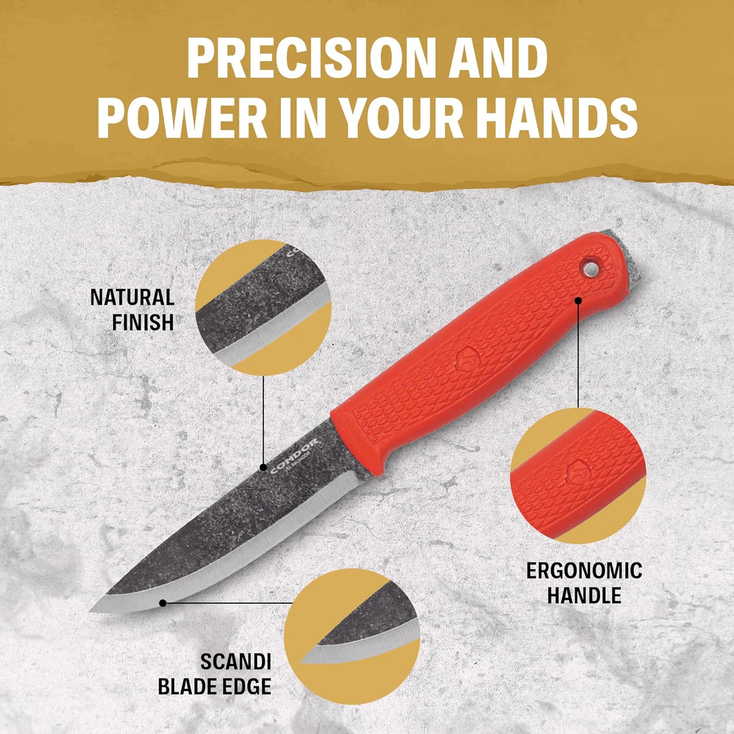 Condor Tool & Knife Terrasaur Bushcraft Knife Orange - 1095 High Carbon Steel - Scandi Edge - High Impact Polypropylene Sheath - 3mm Thick - 4.2in Blade - 7.1oz
