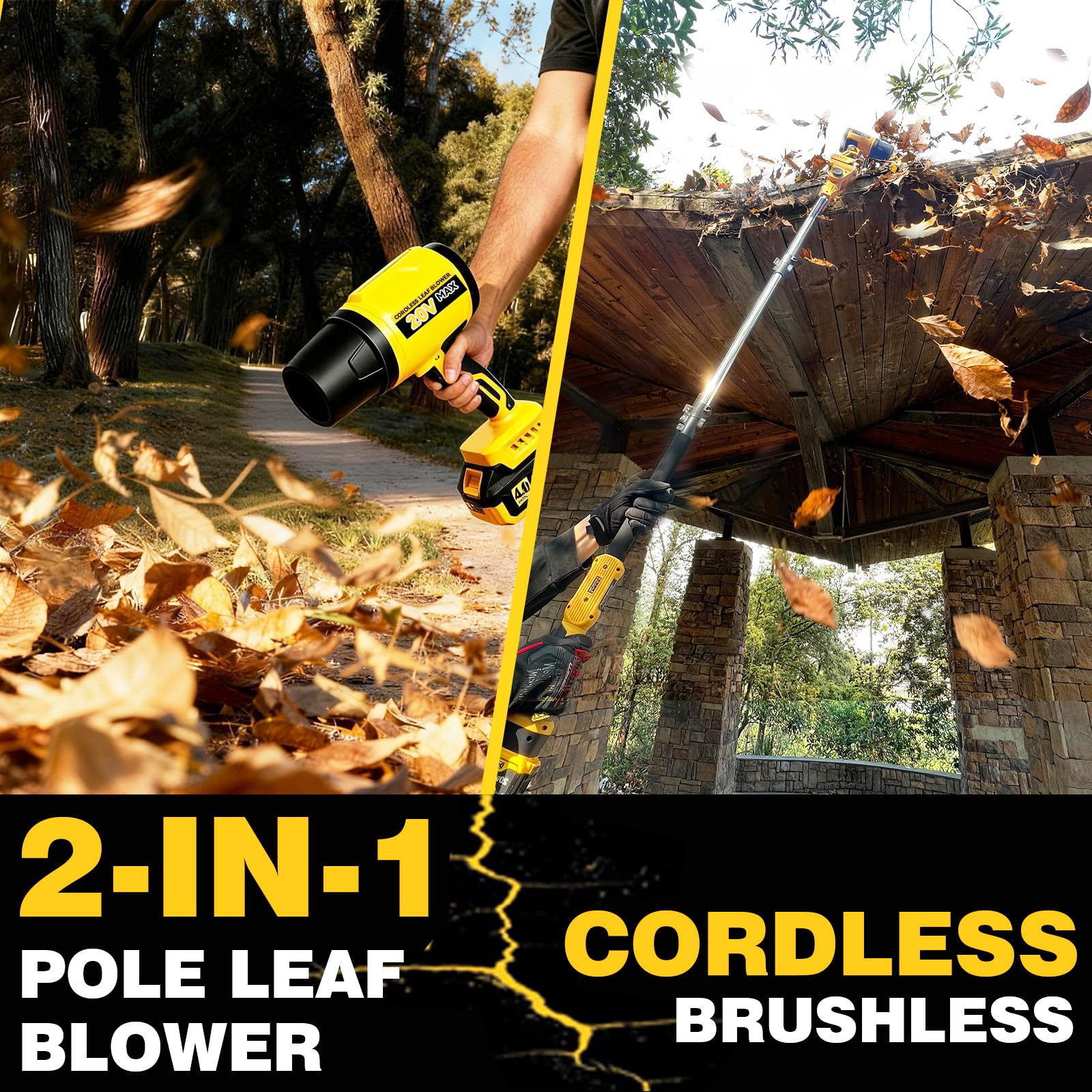 Soplador de hojas inalámbrico, sopladores de hojas de 20 V con batería de 4.0 Ah tubo de soplador giratorio con poste ajustable (98 pulgadas) 580 CFM/180 MPH y herramientas de limpieza de canalones de