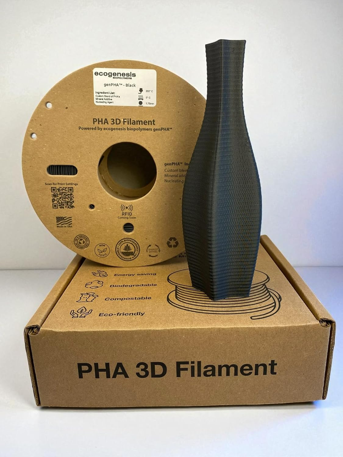 ecogenesis gen™PHA Filament, PHA Filament 1.75mm, 1kg Spool(2.2lbs) Accuracy +/- 0.05mm, Fits Most FDM 3D Printers, Black