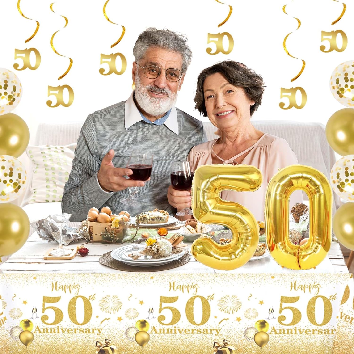 Hombae 50th Anniversary Decorations, Happy 50th Golden Wedding Anniversary Decorations, 50 Year Anniversary Party Decorations Backdrop Tablecloth Balloon Banner Hanging Swirls Pom Poms White Gold