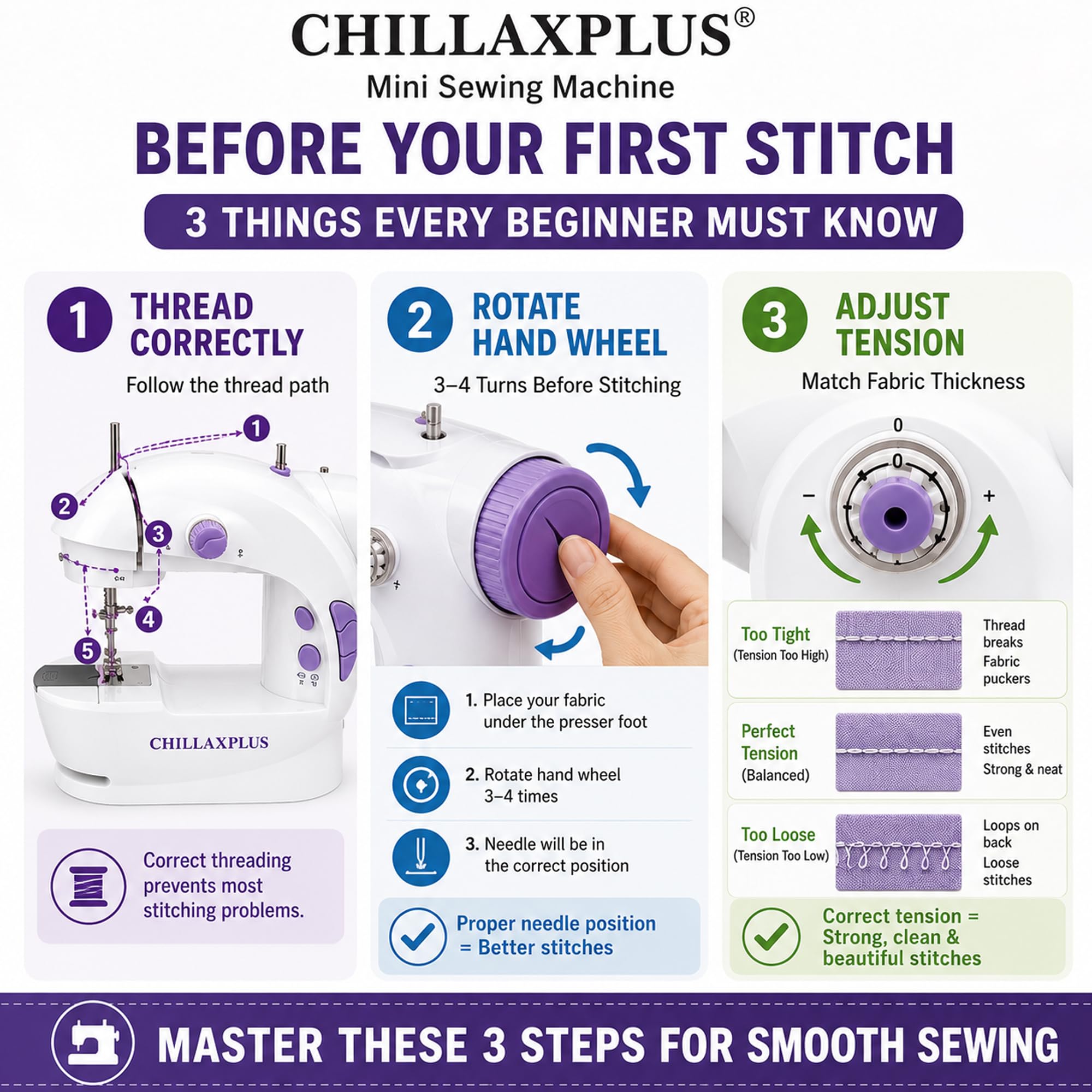 CHILLAXPLUS Stitching Machine for Home Tailoring - Portable Sewing Machine with 12 Threads Sewing Kit and Table, Foot Pedal - Mini Silai Machine, White — Amazon image 3