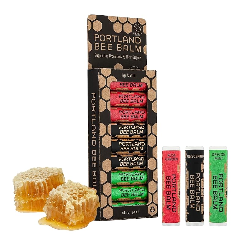 Portland Bee Balm Bálsamo Labial com Cera de Abelha, Óleo de Coco Orgânico e Óleo de Oliva, Sem Fragrância, Oregon Mint e Rose Garden, Pacote com 9