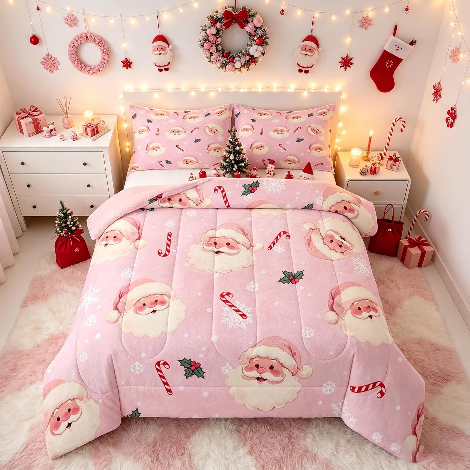Feelyou Merry Christmas Bedding Set Soft for Boys Girls, Cute Santa Claus Comforter Set Twin Size Xmas Holiday Duvet Quilt Microfiber Funny Snowflake Xmas Bedroom Decor 2 Pcs with 1 Pillow C