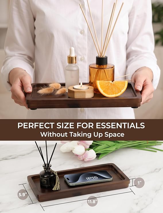 Demigo Bathroom Vanity Tray, Dark Brown Acacia Wood Tray, 11.8 x 5.9 in | Wooden Countertop Organizer for Cosmetics Jewelry Candle & Keys, Decorative Tray for Toilet Tank, Kitchen & Sink Decor