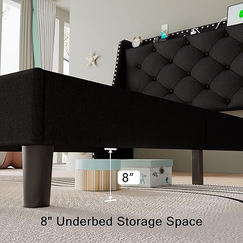 Miniatura 86 de Base de cama tamaño Queen con cabecero de almacenamiento capitoné con botones en la parte trasera y puertos tipo CA, plataforma tapizada, soporte de