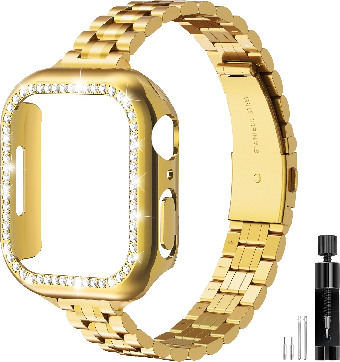 Gold Solid Stainless Steel Metal Band Compatible with Apple Watch 45mm 44mm 42mm 41mm 40mm 38mm, Bling Diamond Case for iwatch Strap Bands for Women & Men Series 9 8 7 6 5 4 3 2 1 SE