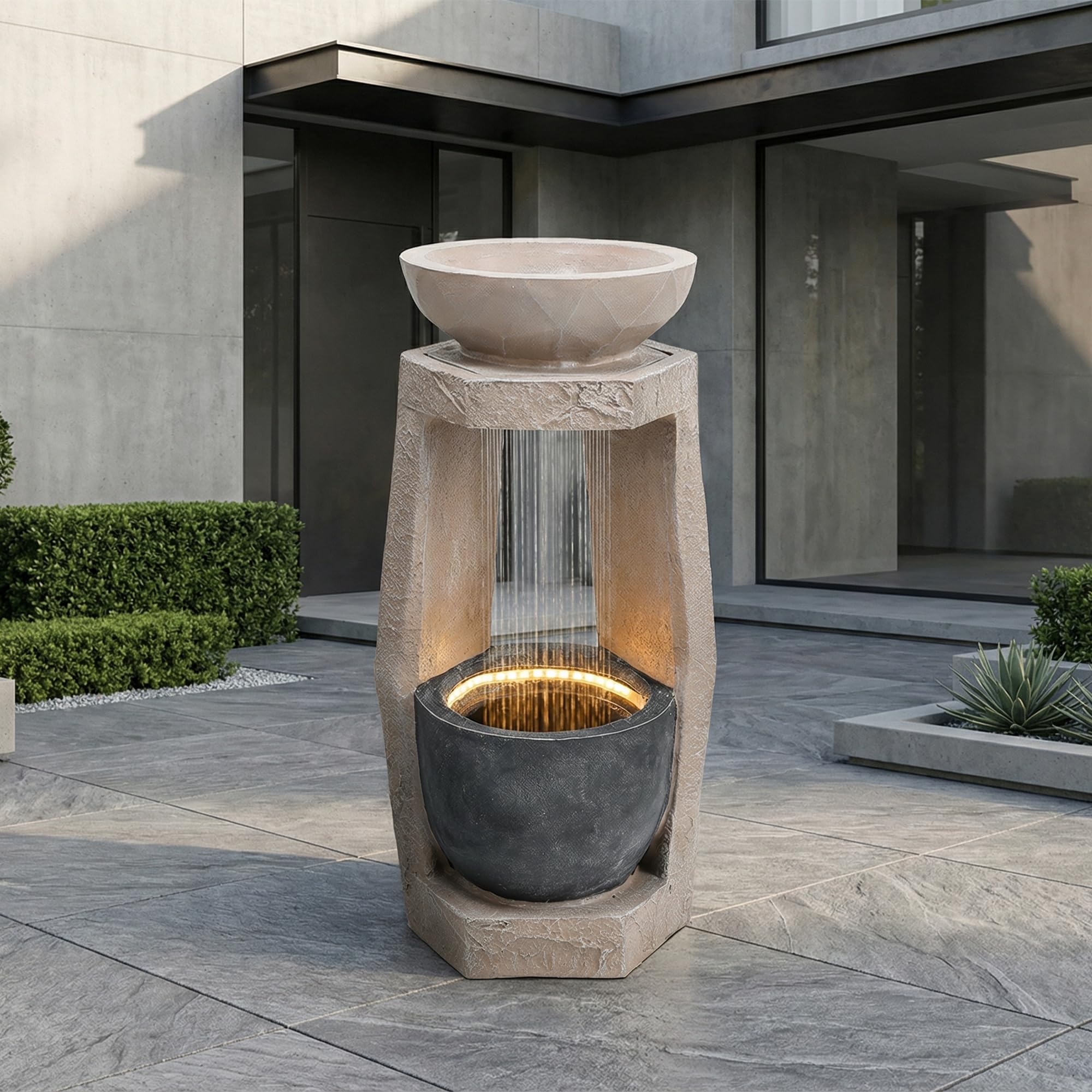 Gartenbrunnen, Brunnen Garten, Gartenbrunnen für Außen, Zimmerbrunnen mit LED-Beleuchtung, Wasserpumpe, Kunststein-Außenverkleidung & Zierbecken, für Garten, Terrasse (Beige)
