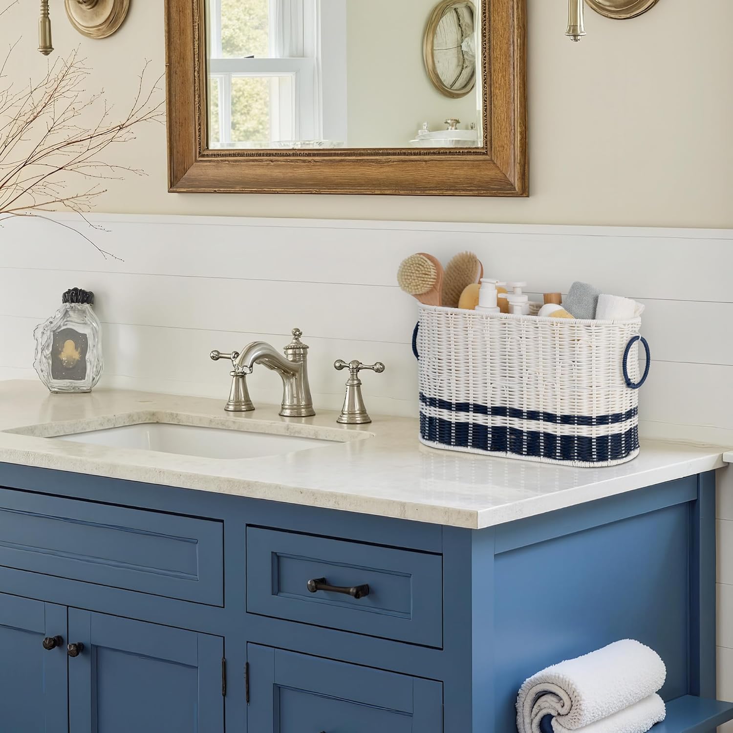 GRANNY SAYS Toilet Paper Storage Holder, 6 Mega Rolls Toilet Paper Holder Stand with Storage, Navy Blue Baskets for Bathroom Beach Decor, Decorative Basket for Storage